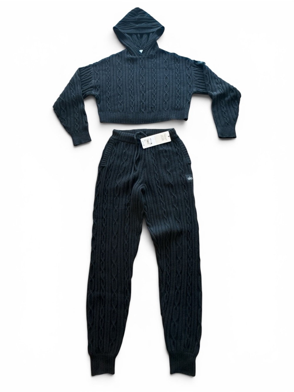 ALO Yoga Women’s Small Black Cable-Knit Hoodie Sweater and Pants (NWT) SET!